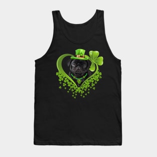 Funny Black Puppy Pug Green Hearts St Patrick's Day Tank Top